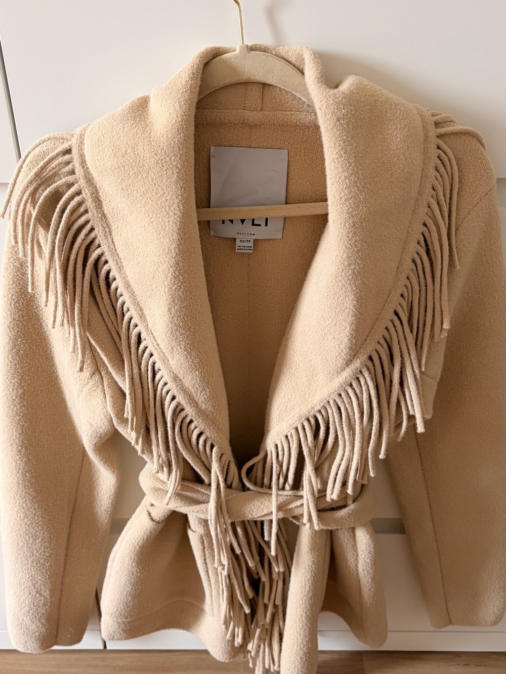NVLT Fringe Shawl Collar Belted Trench Coat Sweater Beige